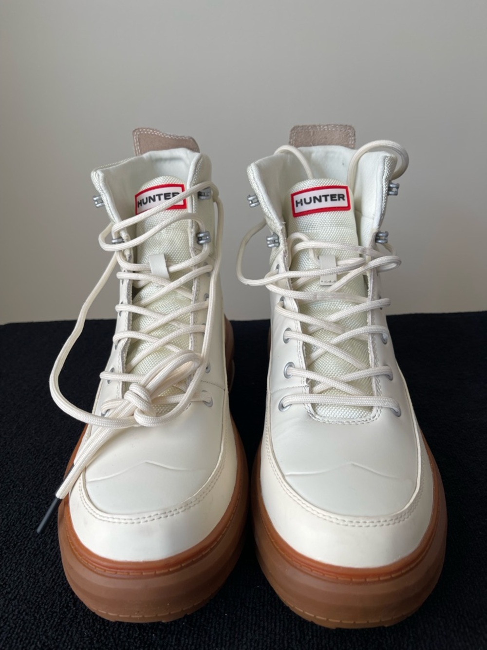 NWOT..Hunter Cream-White Lace-Up Platform Boots with Brown Gum Sole